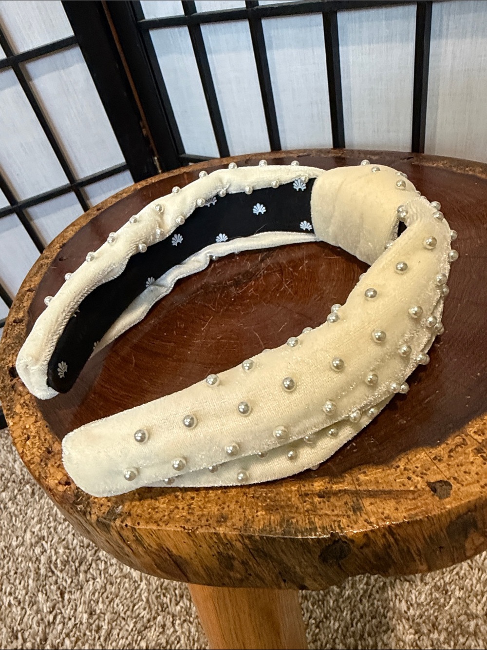 Lele Sadoughi Ivory Velvet Pearl-Studded Padded Headband With Knot